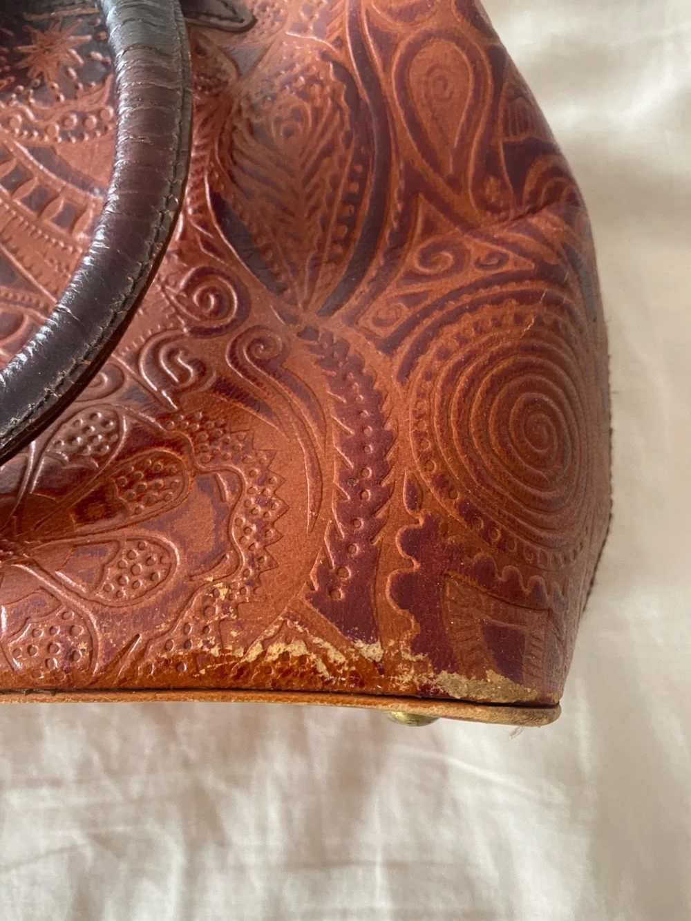Vintage Leather Satchel Embossed Handbag Brown Medium Size Tooled Leather Boho